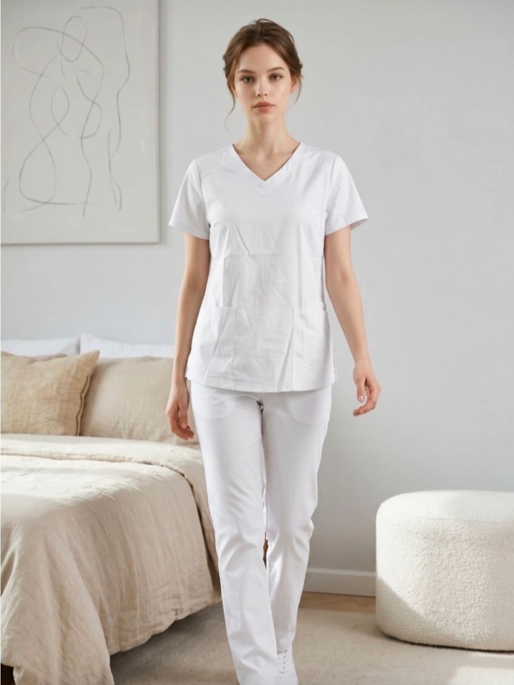 Scrub Star Women's White V-Neck Scrub Top and Pants Set
